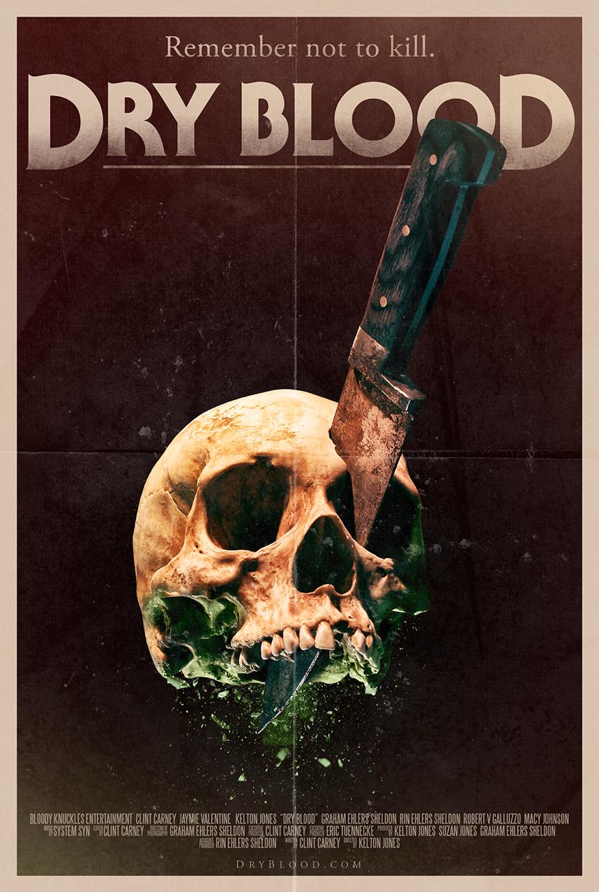 Dry Blood original festival poster — skull and knife artwork by Sam Pfannkuche